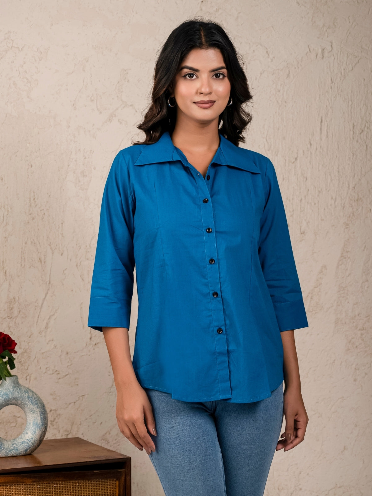 Womens Solid Turquoise Cambric Cotton Shirt