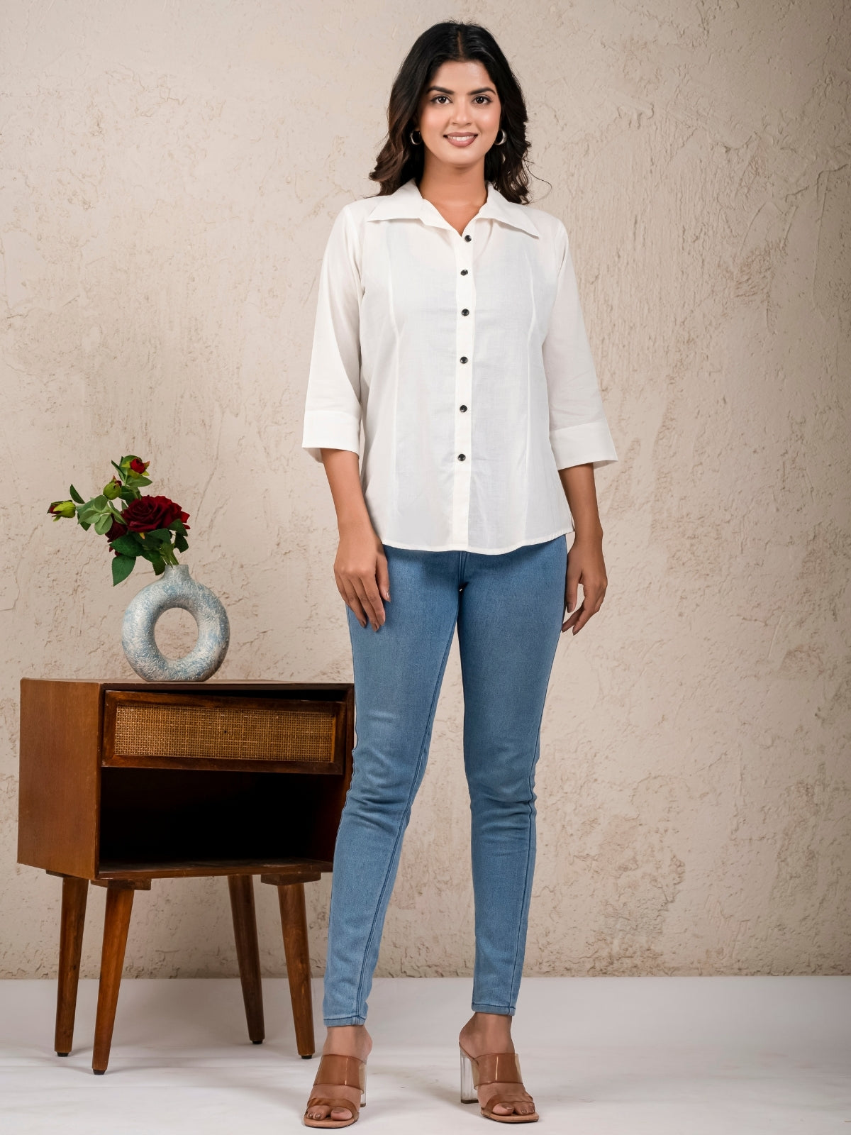 Womens Solid White Cambric Cotton Shirt