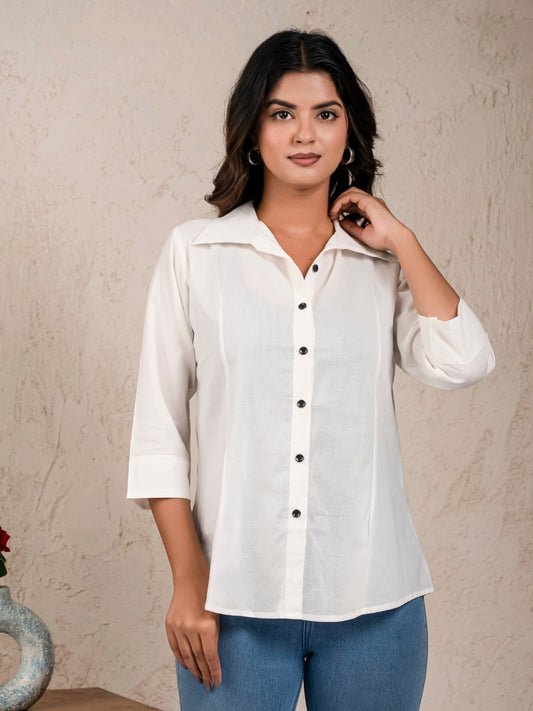 Womens Solid White Cambric Cotton Shirt