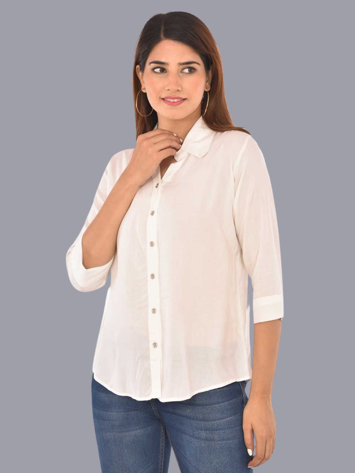 Womens Solid White Regular Fit Spread Collar Rayon Shirt