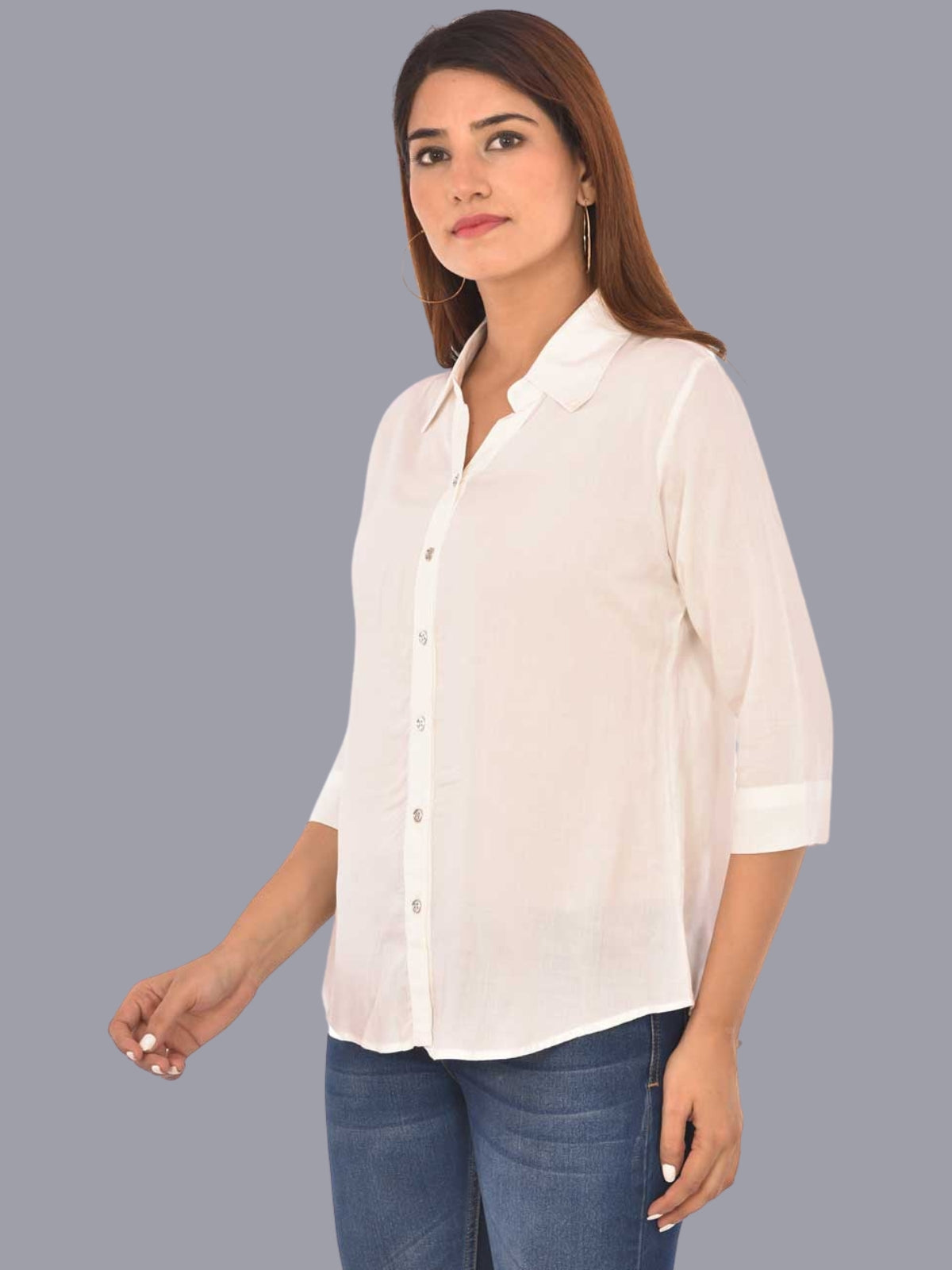 Womens Solid White Regular Fit Spread Collar Rayon Shirt