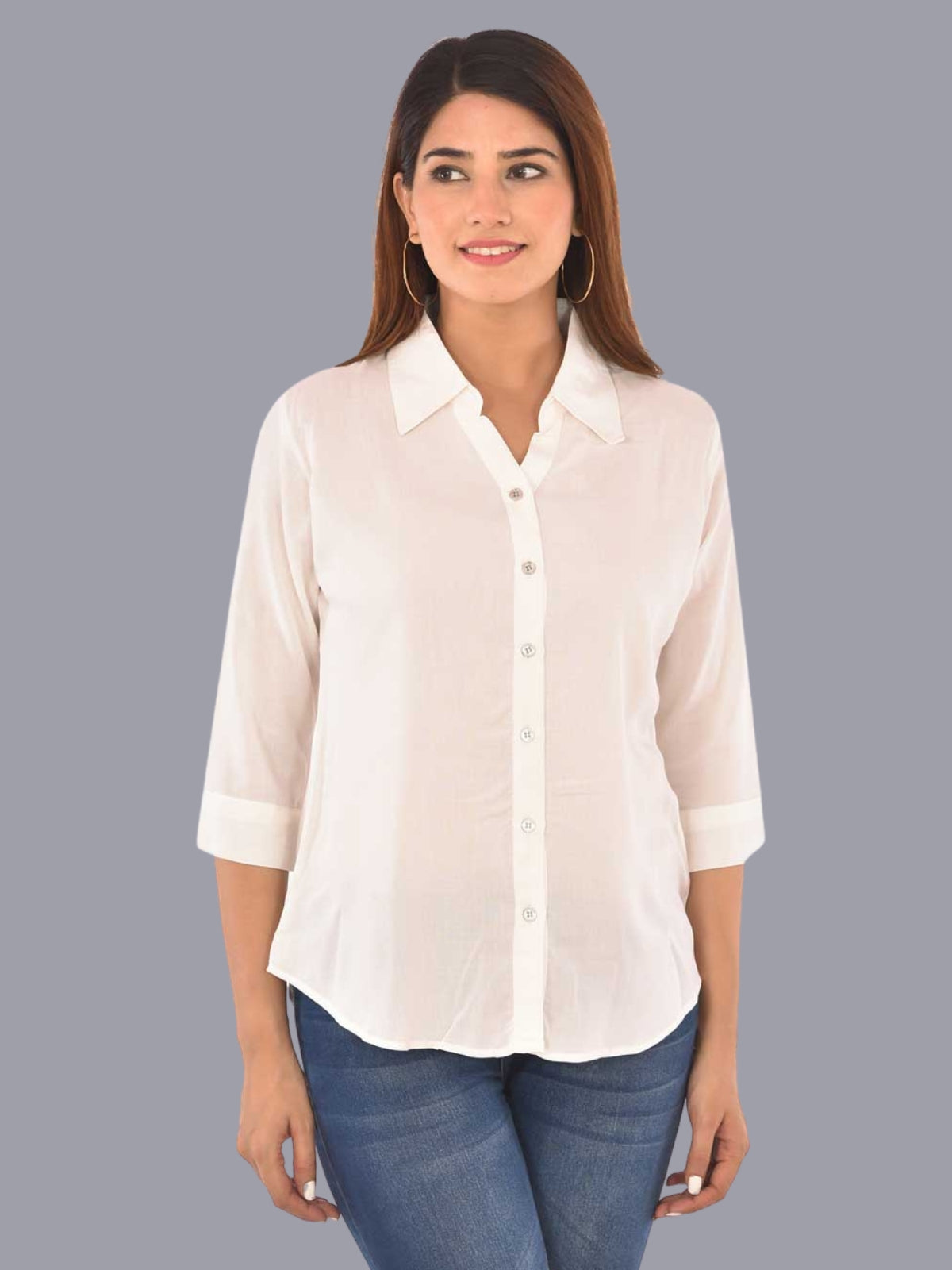 Womens Solid White Regular Fit Spread Collar Rayon Shirt