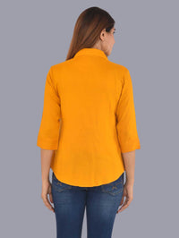 Womens Solid Yellow Chinese Collar Three Fourth Sleeve Rayon Tops