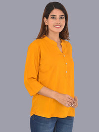 Womens Solid Yellow Chinese Collar Three Fourth Sleeve Rayon Tops