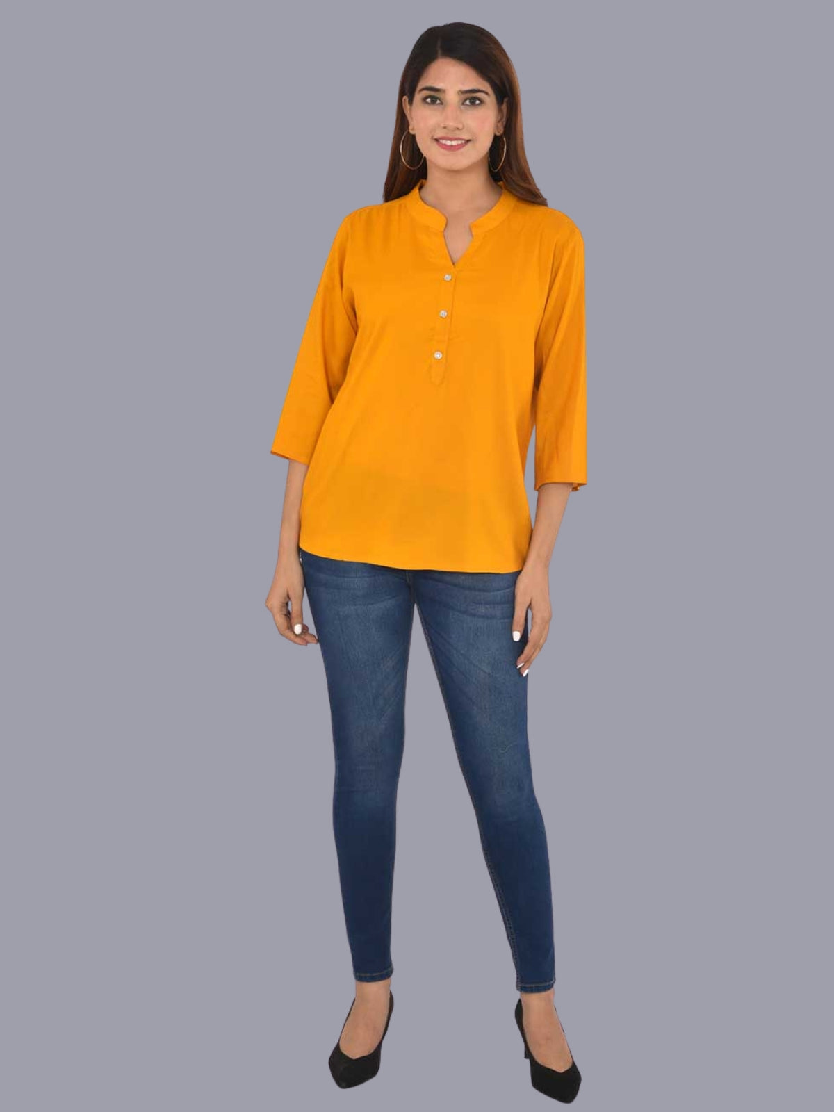 Womens Solid Yellow Chinese Collar Three Fourth Sleeve Rayon Tops