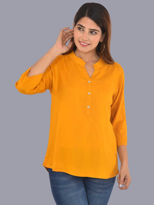 Womens Solid Yellow Chinese Collar Three Fourth Sleeve Rayon Tops
