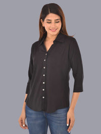 Womens Solid Black Regular Fit Spread Collar Rayon Shirt