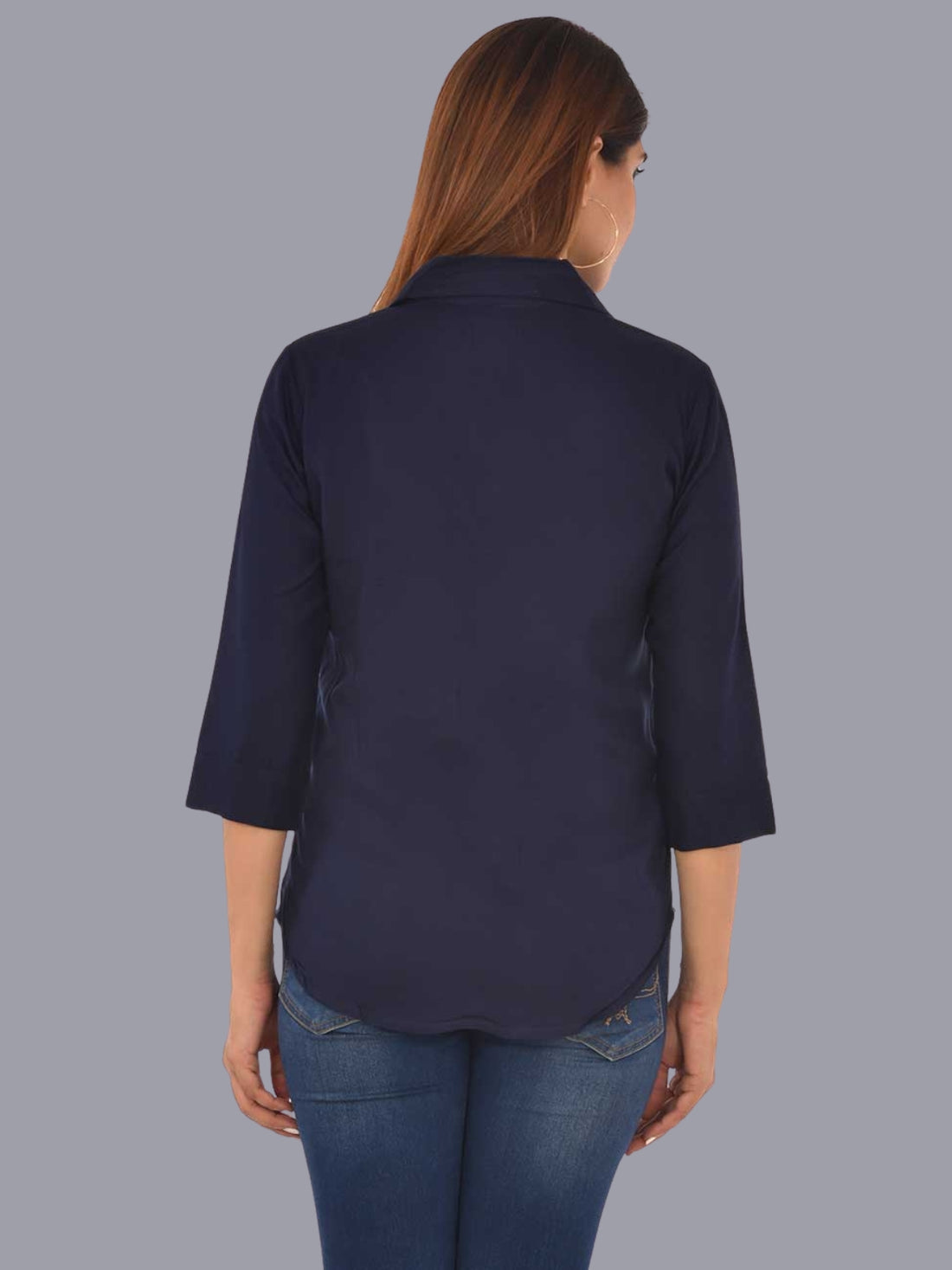 Womens Solid Dark Blue Regular Fit Spread Collar Rayon Shirt