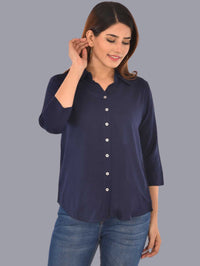 Womens Solid Dark Blue Regular Fit Spread Collar Rayon Shirt