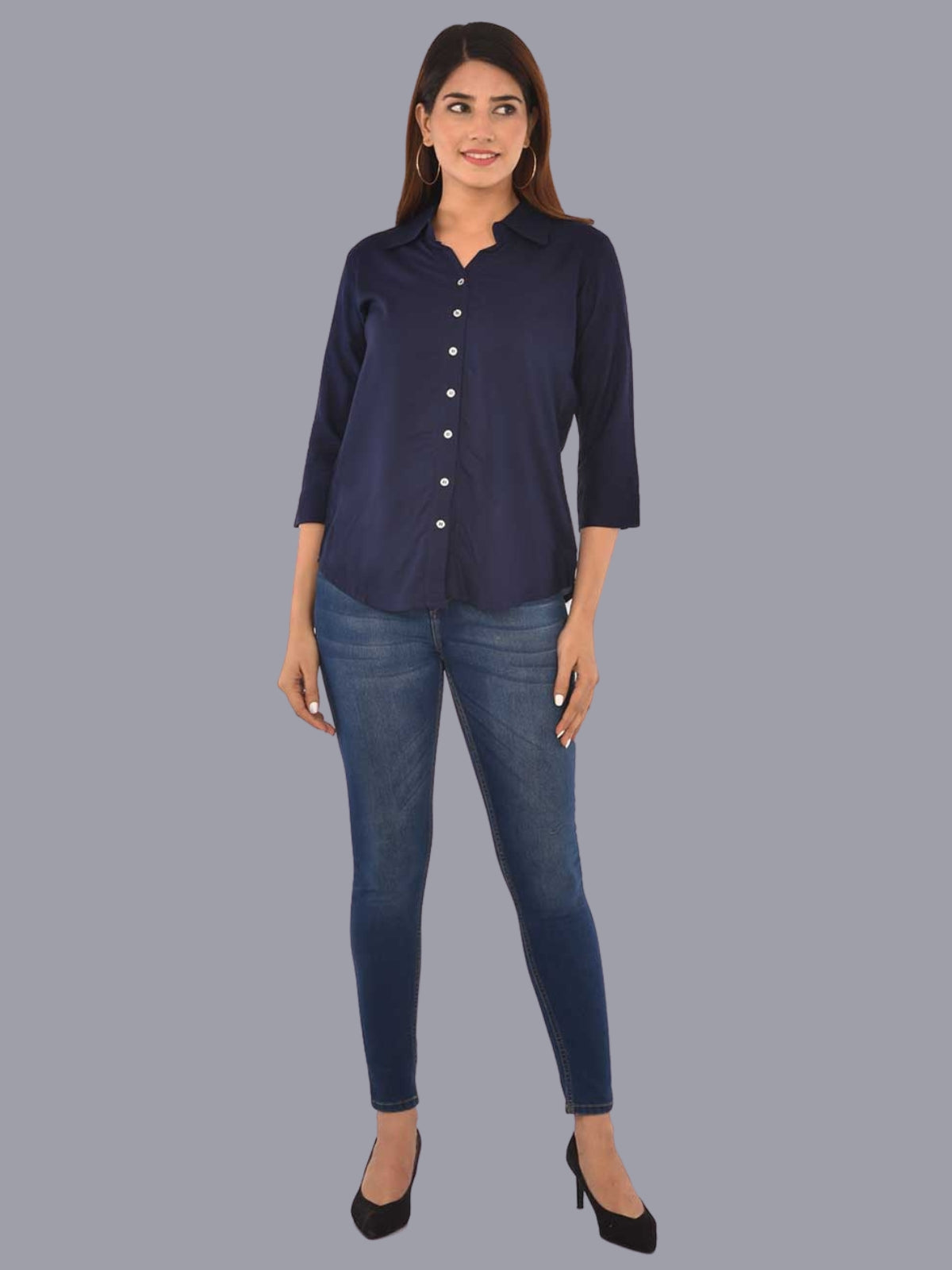 Womens Solid Dark Blue Regular Fit Spread Collar Rayon Shirt