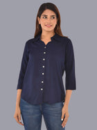 Womens Solid Dark Blue Regular Fit Spread Collar Rayon Shirt