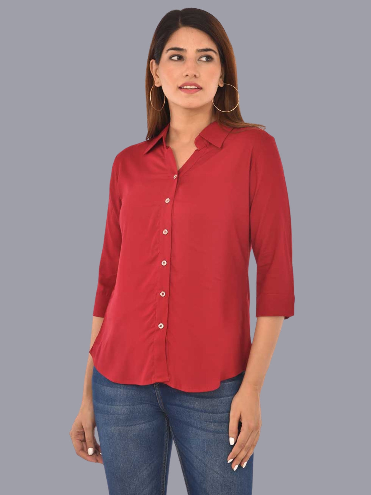 Womens Solid Maroon Regular Fit Spread Collar Rayon Shirt
