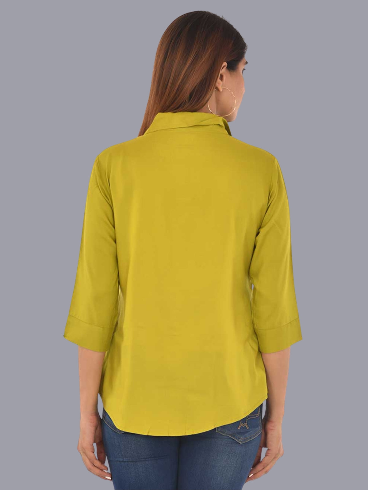 Womens Solid Mehndi Green Regular Fit Spread Collar Rayon Shirt