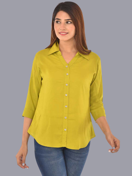 Womens Solid Mehndi Green Regular Fit Spread Collar Rayon Shirt
