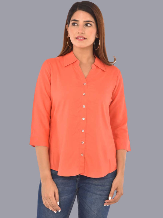 Womens Solid Peach Regular Fit Spread Collar Rayon Shirt