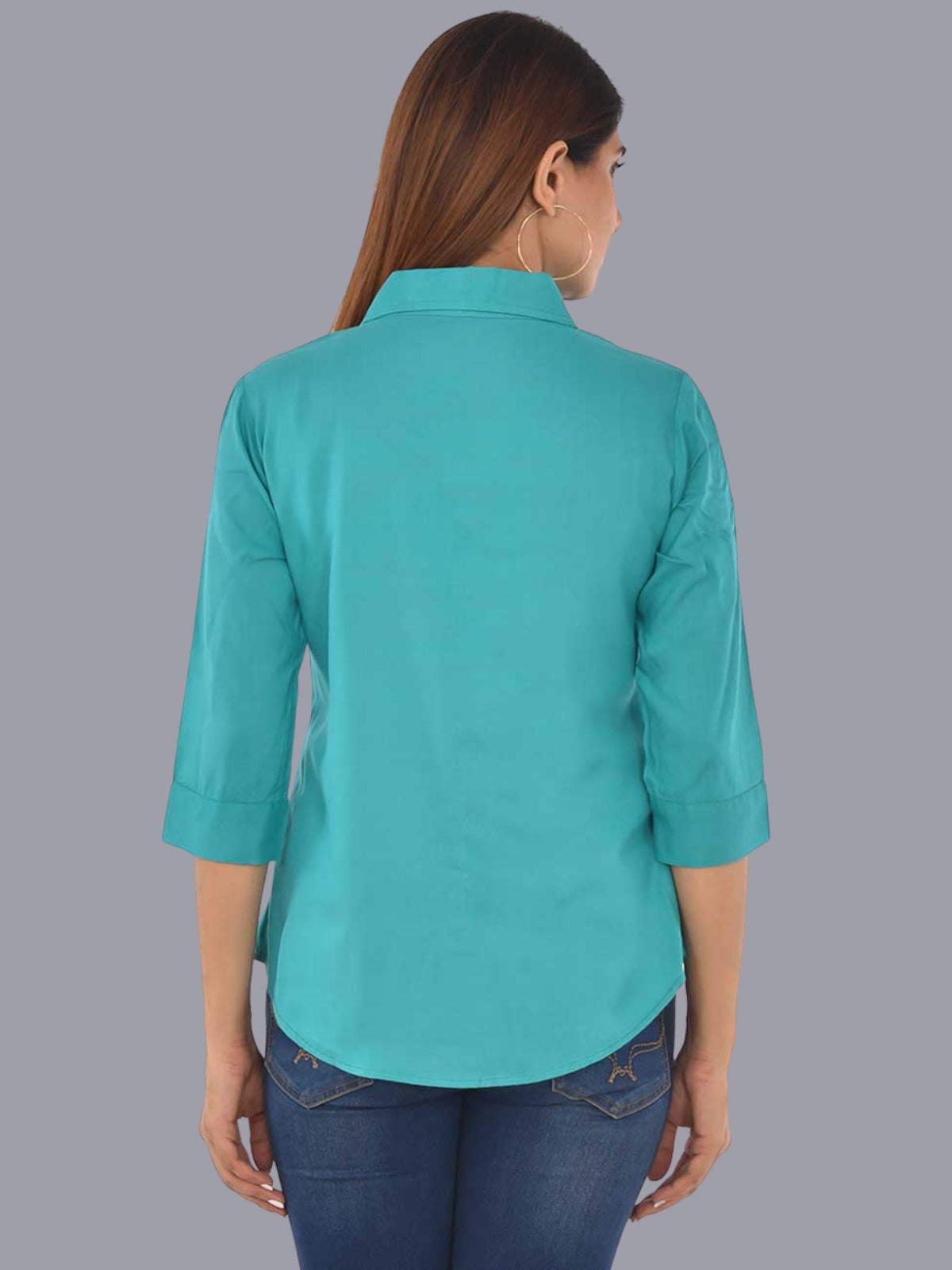 Womens Solid Sky Blue Regular Fit Spread Collar Rayon Shirt