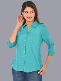 Womens Solid Sky Blue Regular Fit Spread Collar Rayon Shirt