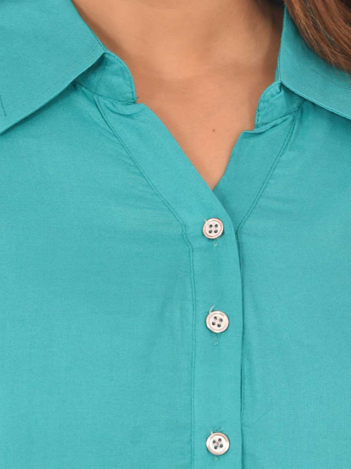 Womens Solid Sky Blue Regular Fit Spread Collar Rayon Shirt