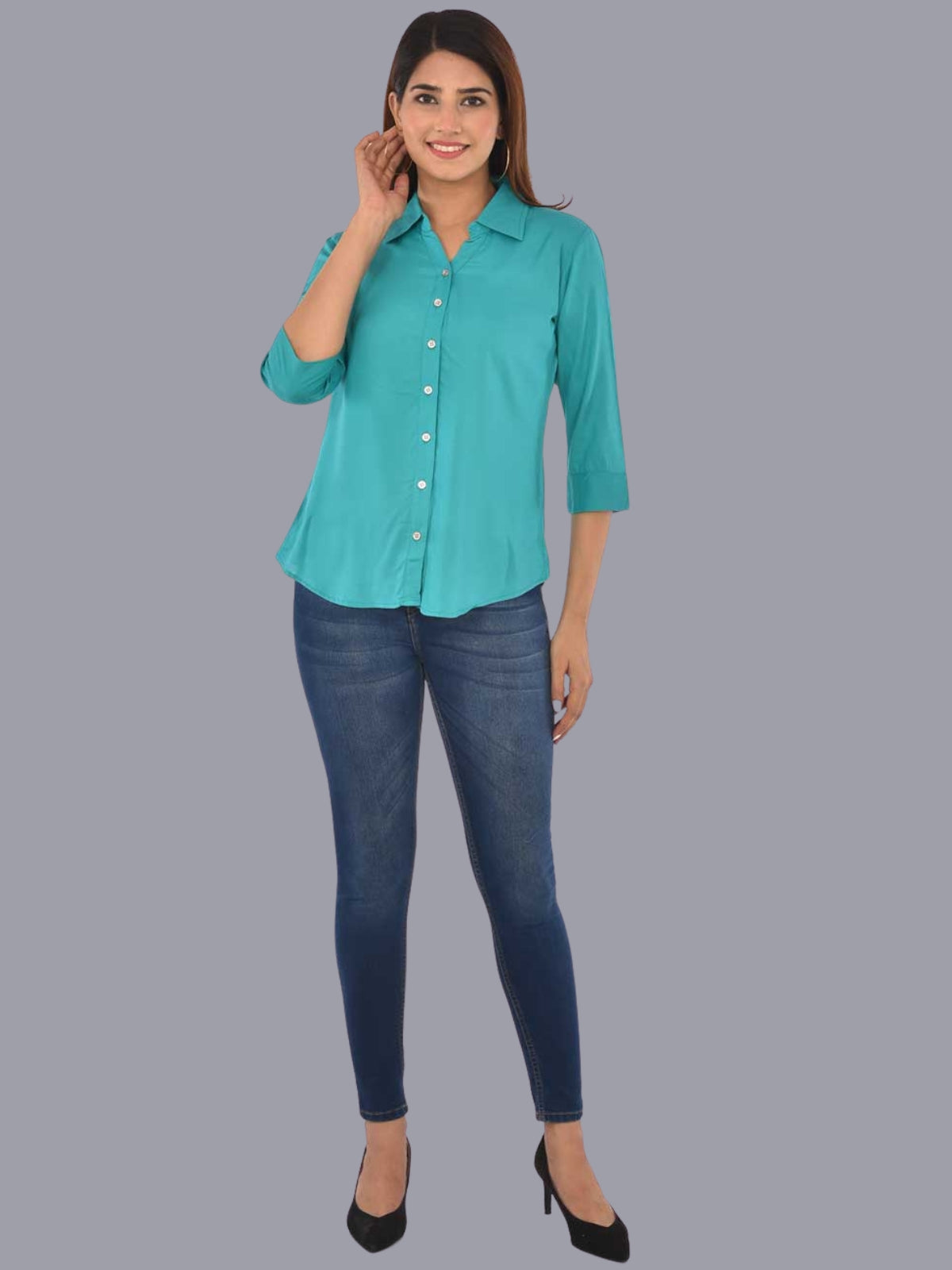 Womens Solid Sky Blue Regular Fit Spread Collar Rayon Shirt