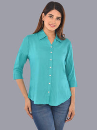 Womens Solid Sky Blue Regular Fit Spread Collar Rayon Shirt