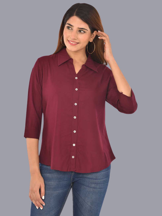 Womens Solid Wine Regular Fit Spread Collar Rayon Shirt