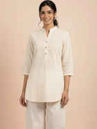 Womens Casual Three Fourth Sleeves Solid Cream Cotton Tops