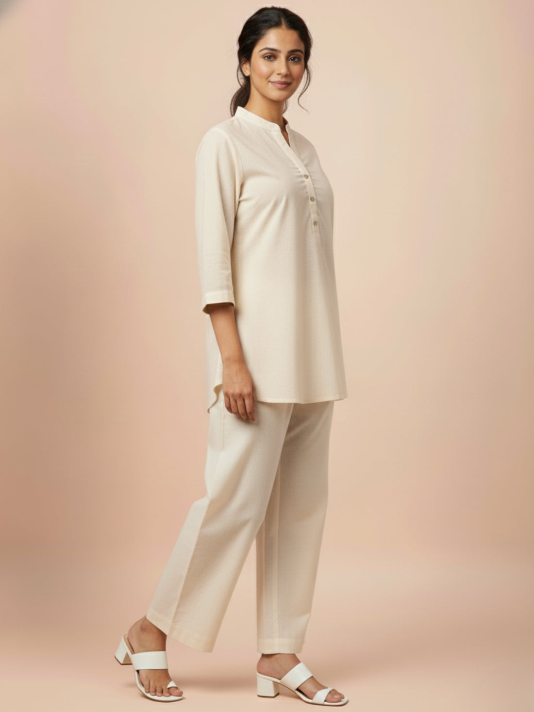 Womens Casual Three Fourth Sleeves Solid Cream Cotton Tops