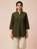 Womens Casual Three Fourth Sleeves Solid Mehendi Green Cotton Tops