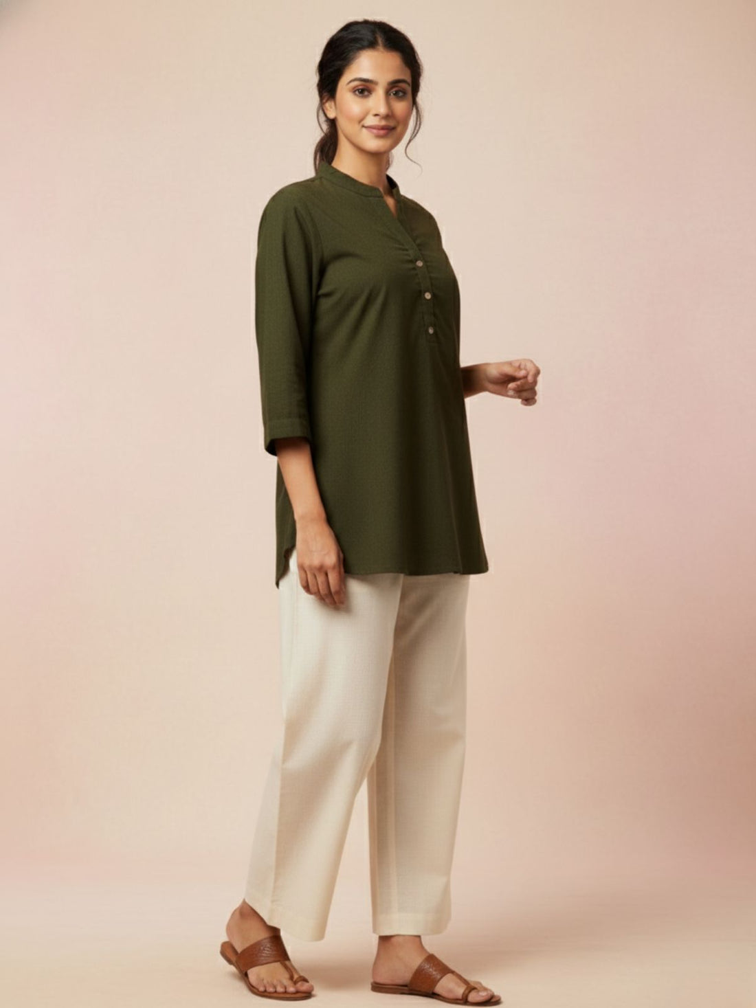 Womens Casual Three Fourth Sleeves Solid Mehendi Green Cotton Tops