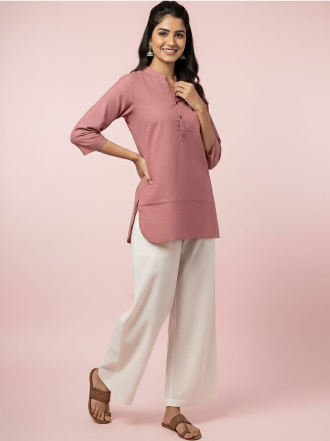 Womens Casual Three Fourth Sleeves Solid Peach Cotton Tops