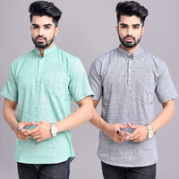 Pack of 2 Mens Solid Green And Grey Khadi Cotton Short Kurta Combo