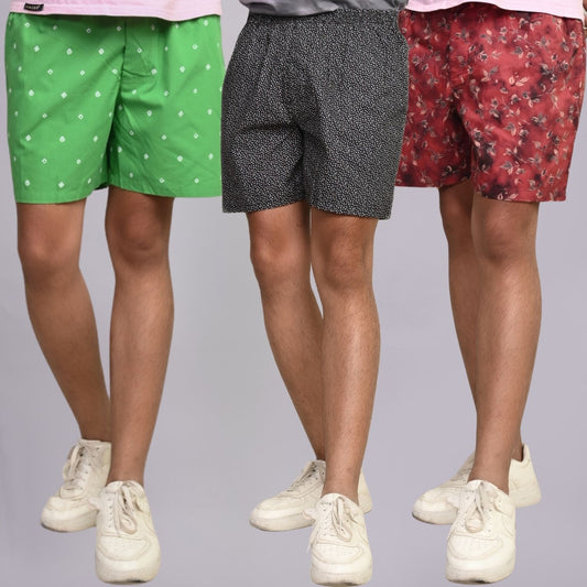 Pack Of 3 Mens Green, Grey And Maroon Cotton Shorts Combo
