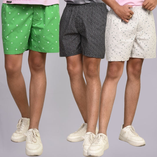 Pack Of 3 Mens Green, Grey And White Cotton Shorts Combo