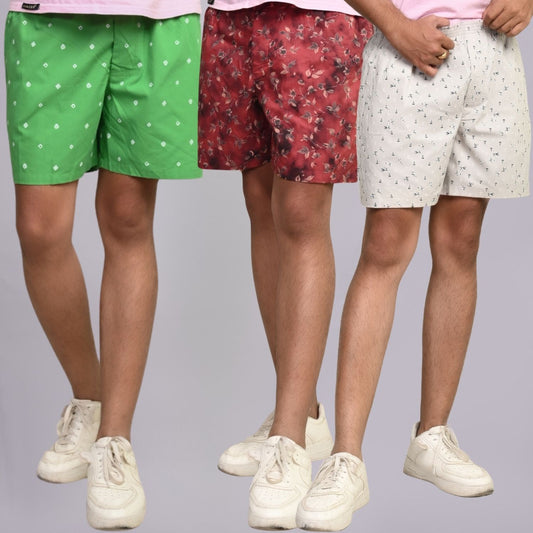 Pack Of 3 Mens Green, Maroon And White Cotton Shorts Combo