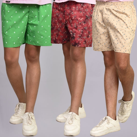 Pack Of 3 Mens Green, Maroon And Yellow Cotton Shorts Combo