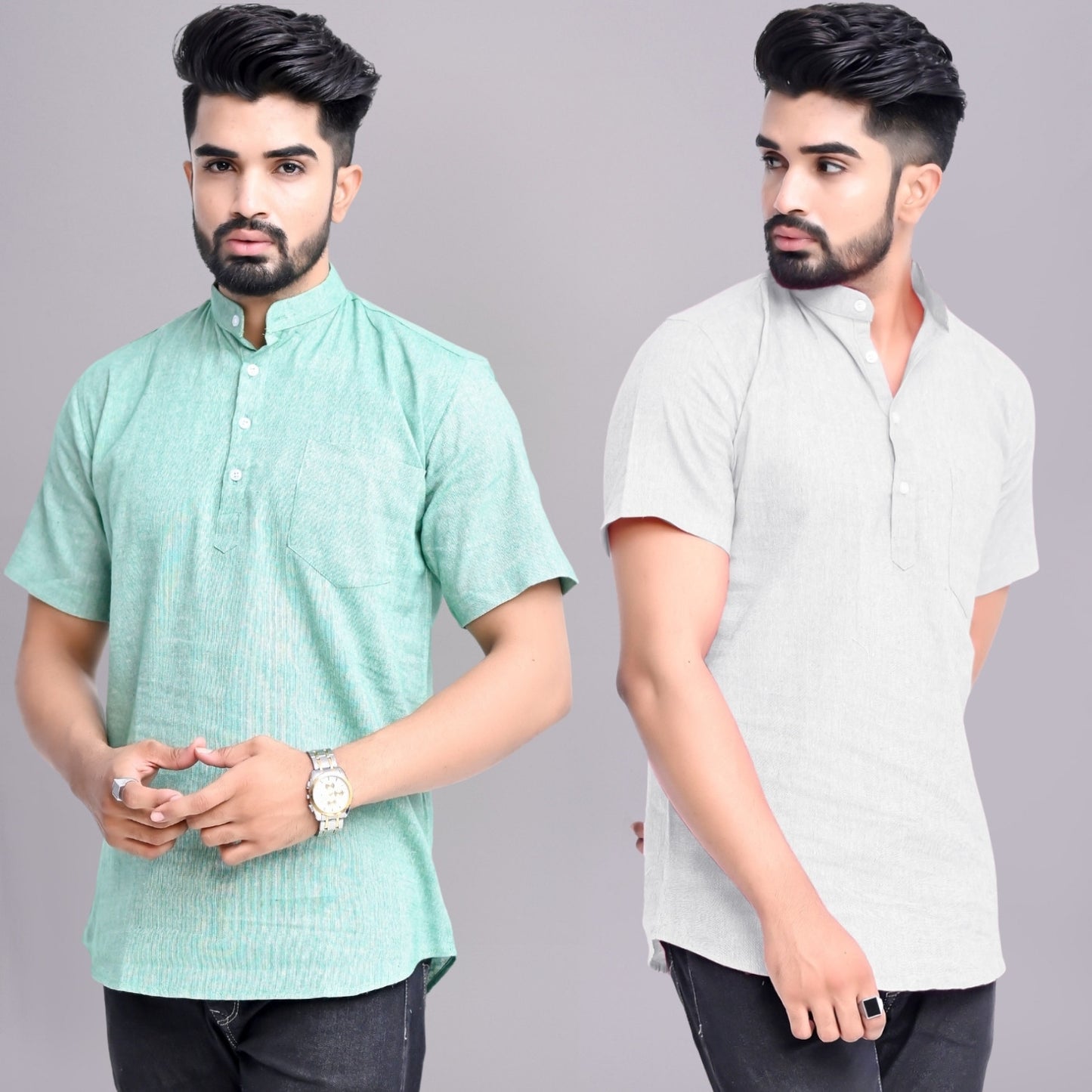 Pack of 2 Mens Solid Green And Melange Grey Khadi Cotton Short Kurta Combo