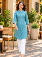 Green Cotton Stripe Short Kurti