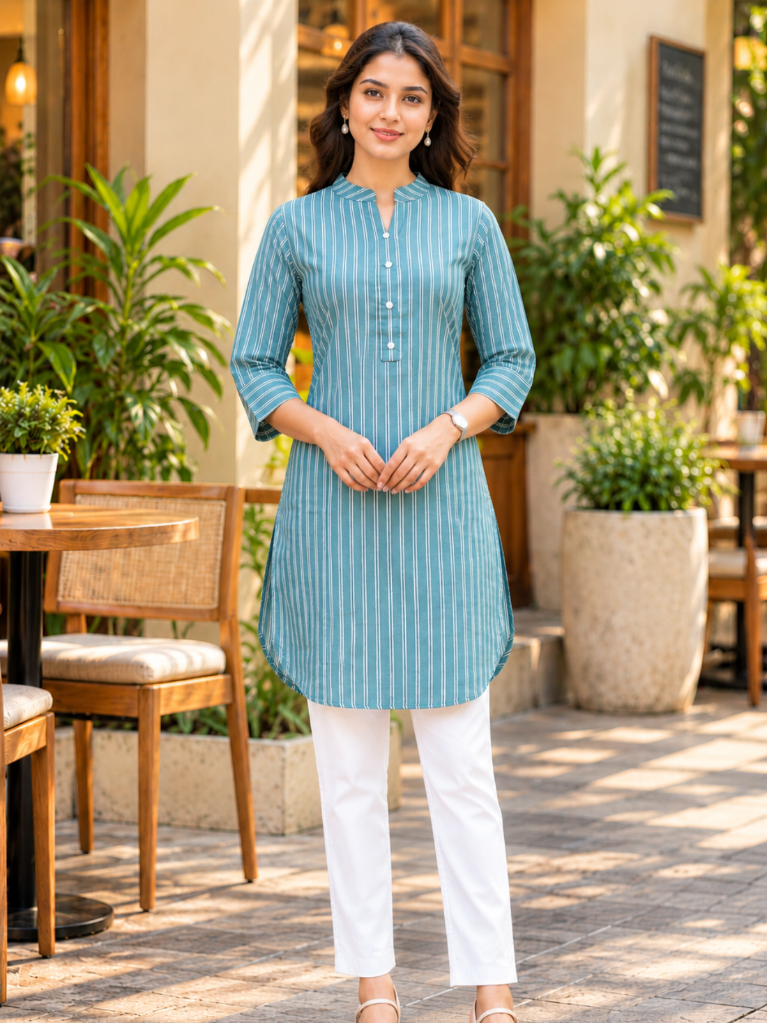 Green Cotton Stripe Short Kurti