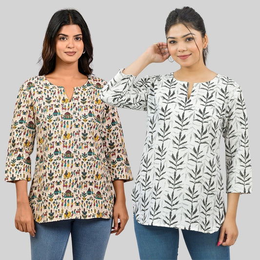 Pack Of 2 Womens Regular Fit Green Multi Printed And Black Leaf Printed Tops Combo