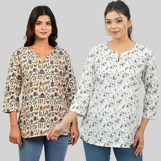 Pack Of 2 Womens Regular Fit Green Multi Printed And Black Vactor Printed Tops Combo