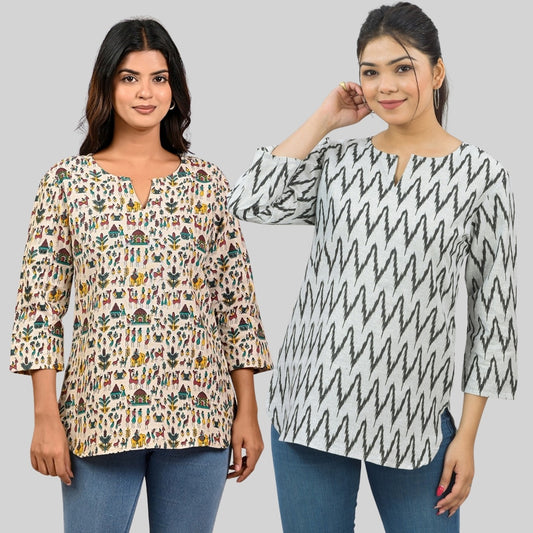 Pack Of 2 Womens Regular Fit Green Multi Printed And Black Zig-Zag Printed Tops Combo