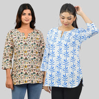 Pack Of 2 Womens Regular Fit Green Multi Printed And Blue Leaf Printed Tops Combo