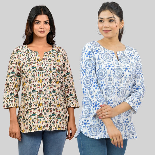 Pack Of 2 Womens Regular Fit Green Multi Printed And Blue Tribal Printed Tops Combo