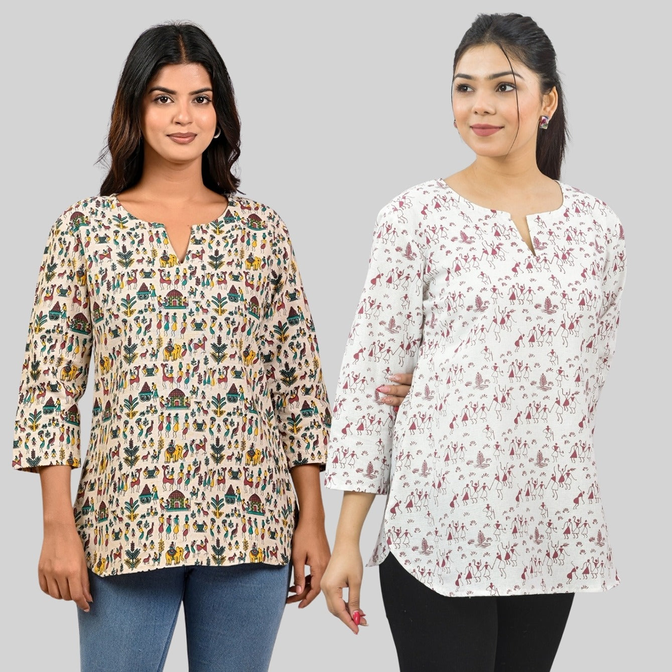 Pack Of 2 Womens Regular Fit Green Multi Printed And Maroon Vactor Printed Tops Combo