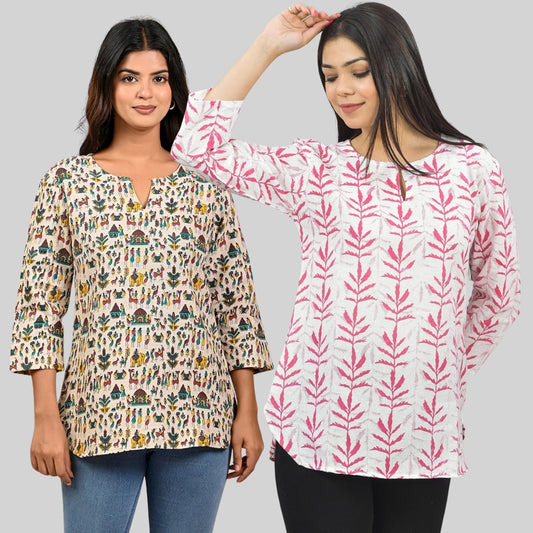 Pack Of 2 Womens Regular Fit Green Multi Printed And Pink Leaf Printed Tops Combo