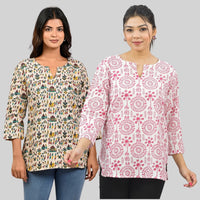 Pack Of 2 Womens Regular Fit Green Multi Printed And Pink Tribal Printed Tops Combo