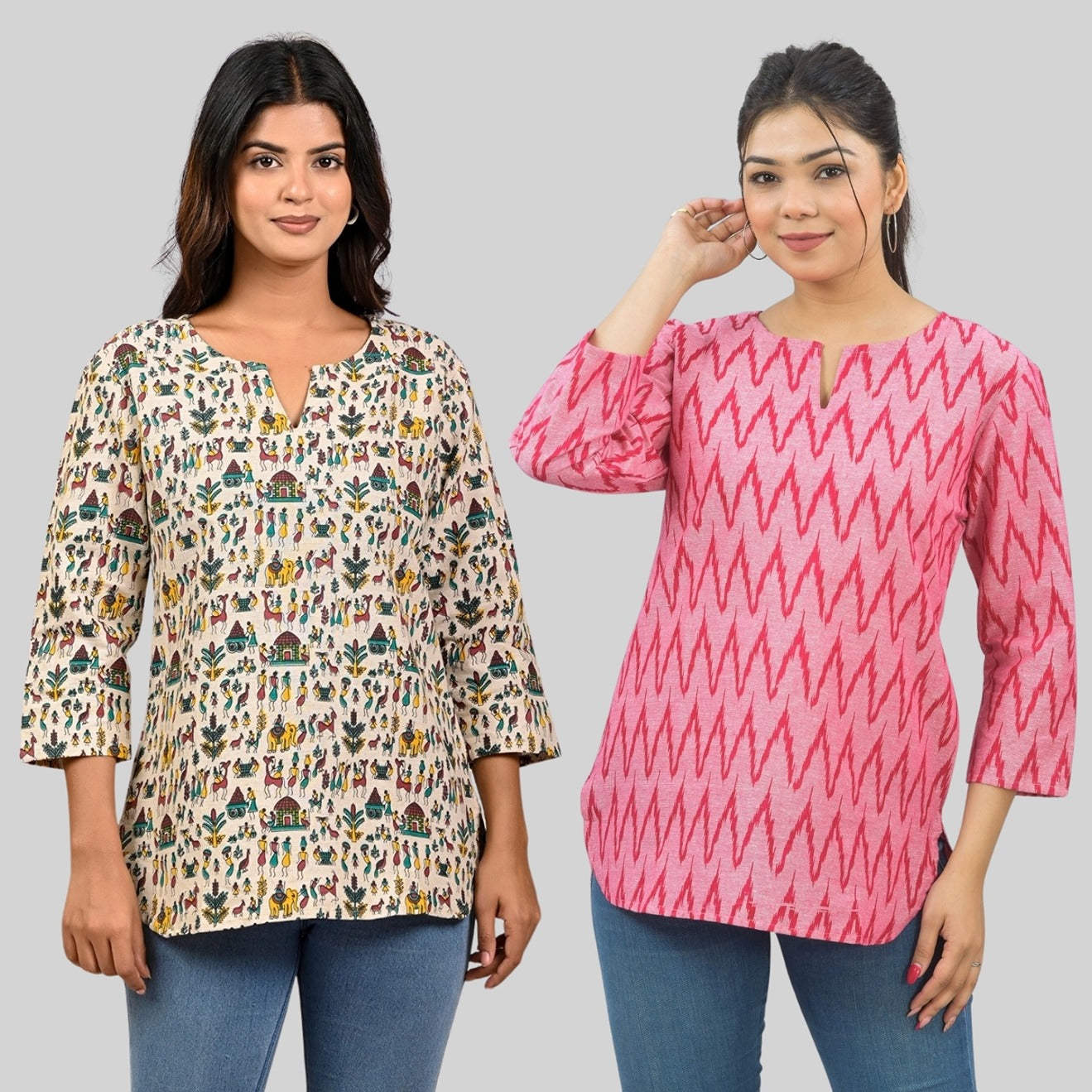 Pack Of 2 Womens Regular Fit Green Multi Printed And Pink Zig-Zag Printed Tops Combo