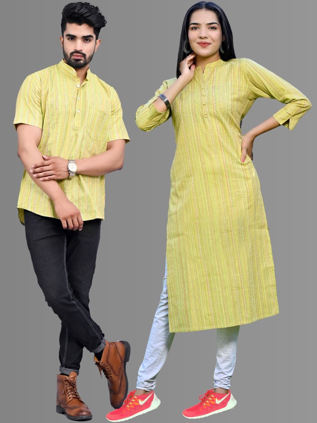 Ethnic Wear Khadi Cotton Green Multistripe Couple Kurta Set