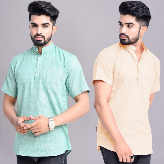 Pack of 2 Mens Solid Green And Off White Khadi Cotton Short Kurta Combo