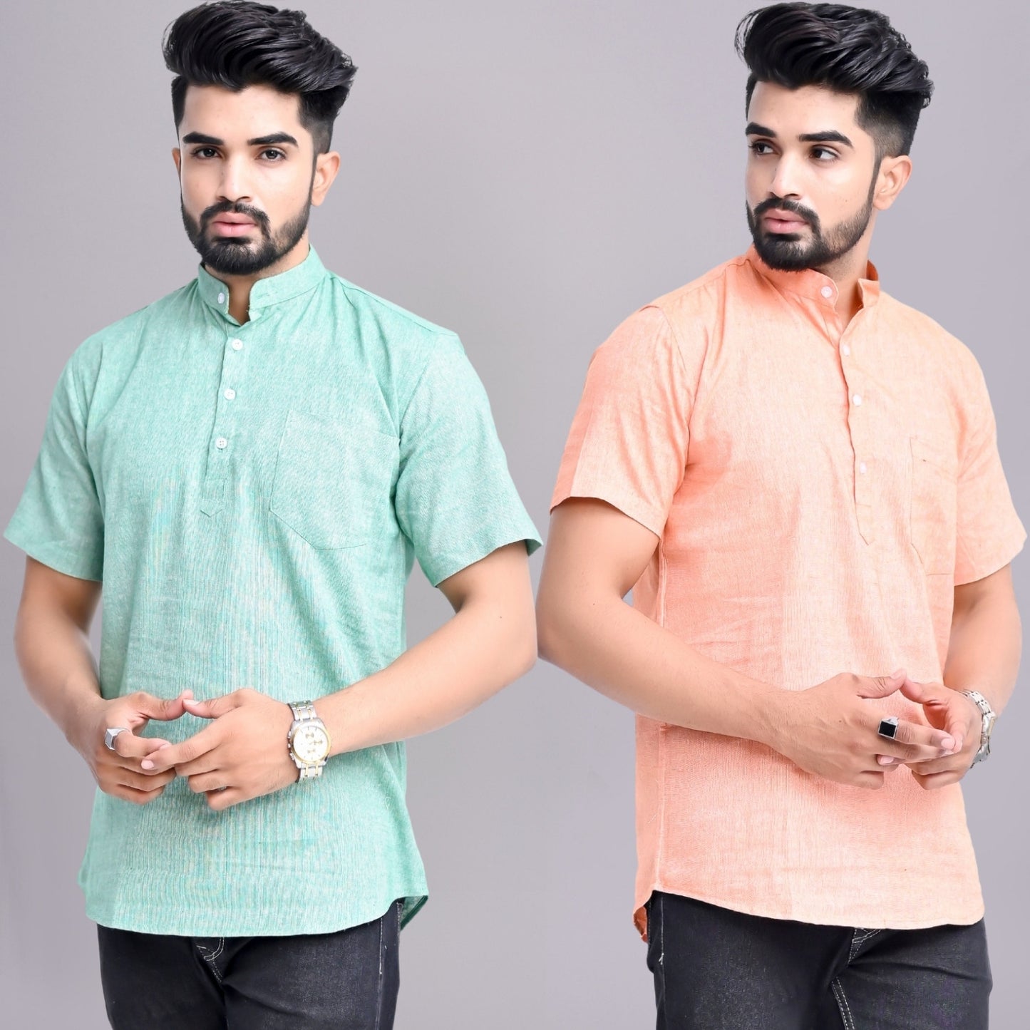 Pack of 2 Mens Solid Green And Orange Khadi Cotton Short Kurta Combo